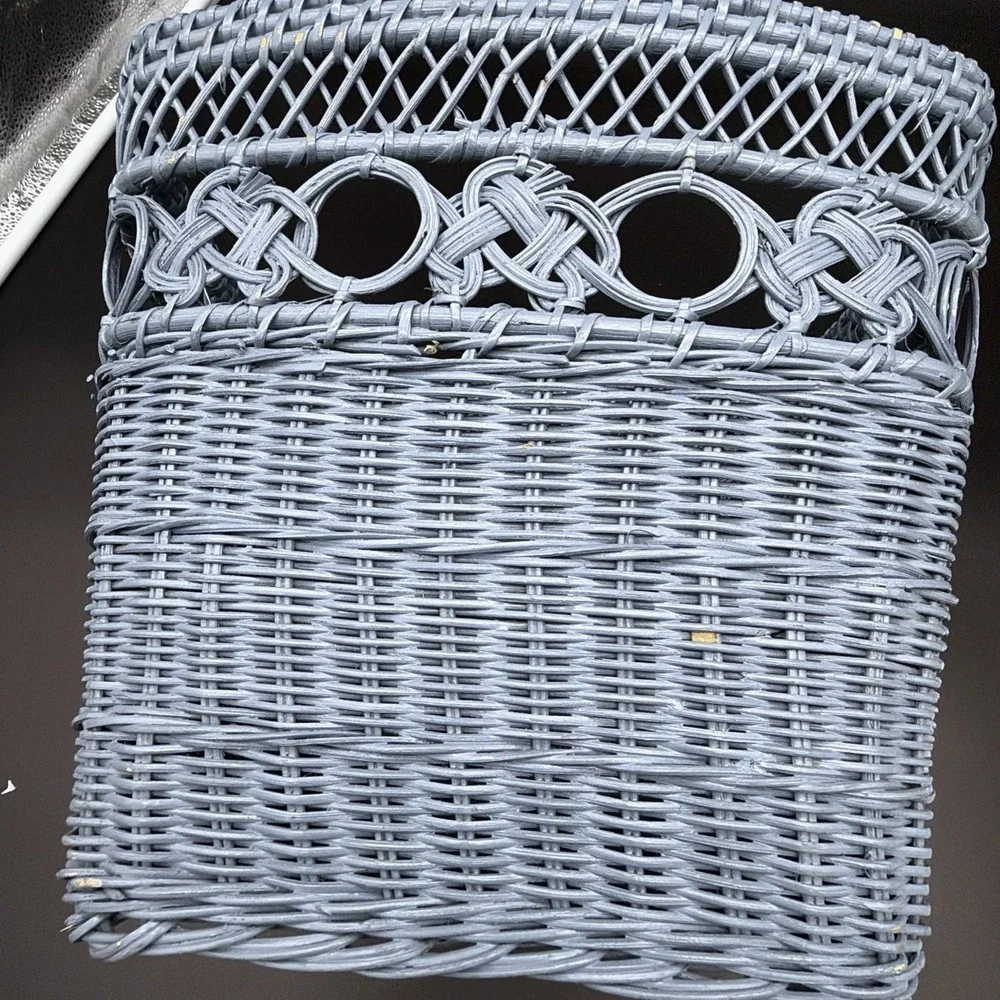 VTG Wicker Basket Light Blue Painted Braided Knot Openwork Lattice Decor